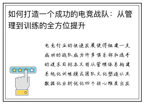 如何打造一个成功的电竞战队：从管理到训练的全方位提升