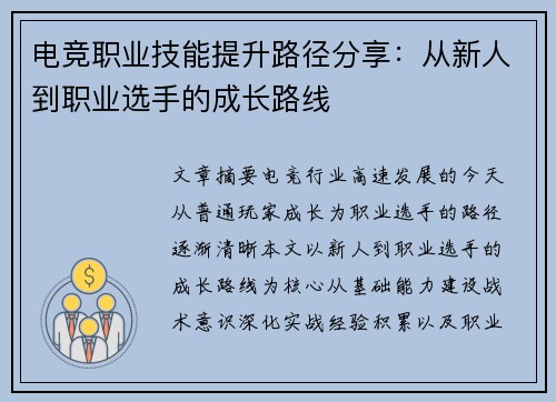 电竞职业技能提升路径分享：从新人到职业选手的成长路线