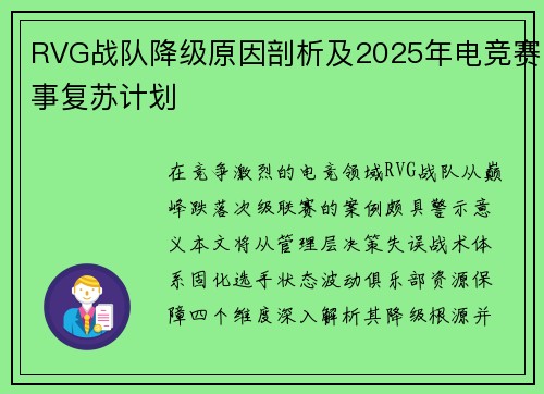 RVG战队降级原因剖析及2025年电竞赛事复苏计划