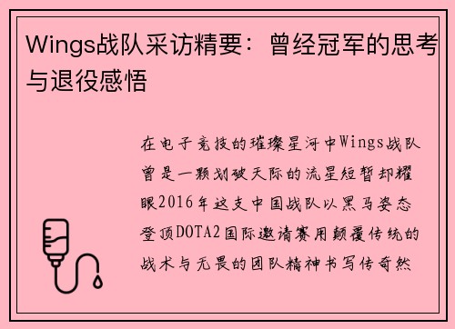 Wings战队采访精要：曾经冠军的思考与退役感悟